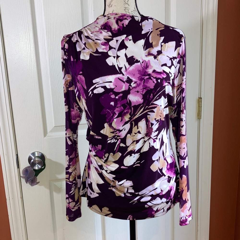 Calvin Klein Floral Long Sleeve Stretch Blouse Top Purple Medium